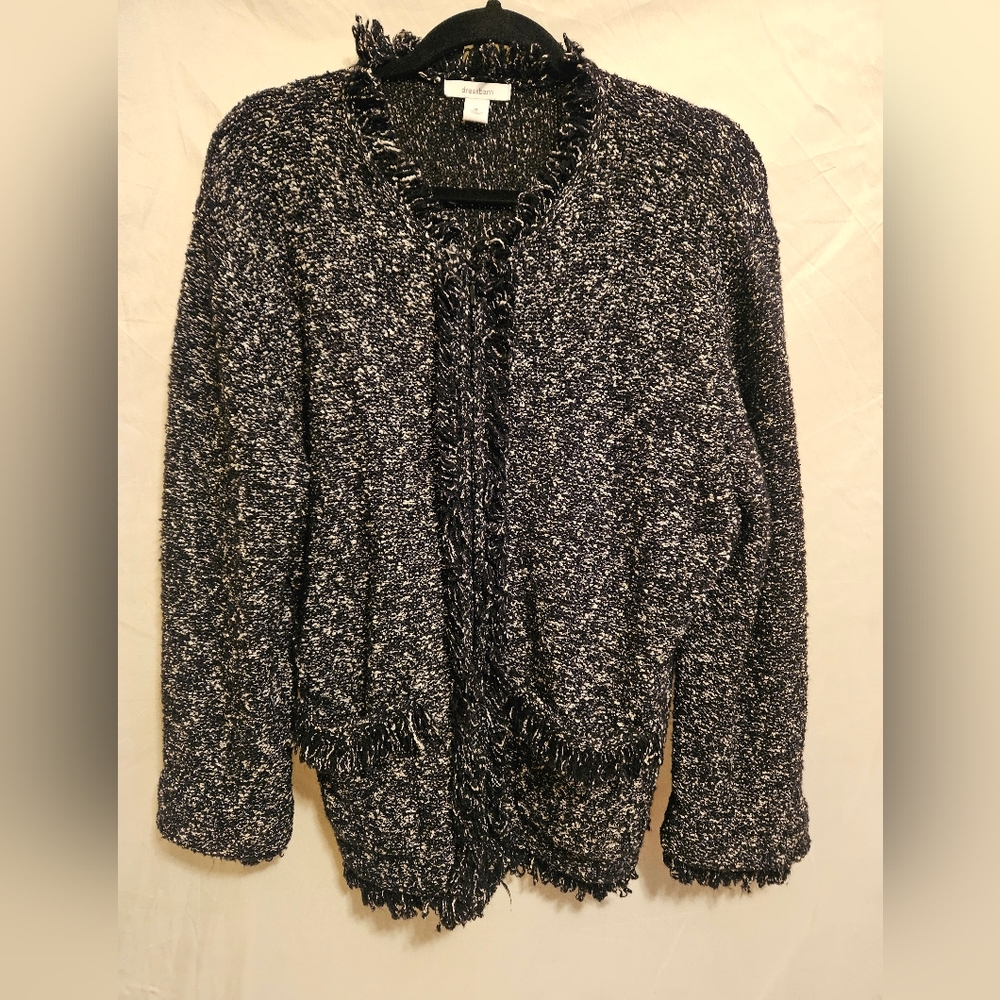 Dressbarn Shaggy Wool-Blend Fringe Long Sleeves Zip Black White Sweater Size XL.